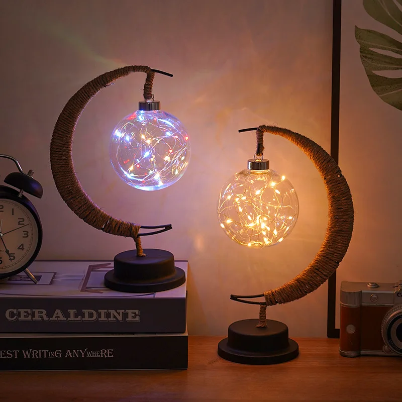 

Eid Mubarak LED Moon Shape Light Handmade Hemp Rope Twined Iron Night Light Ramadan Kareem Decoration Islamic Muslim Party Decor