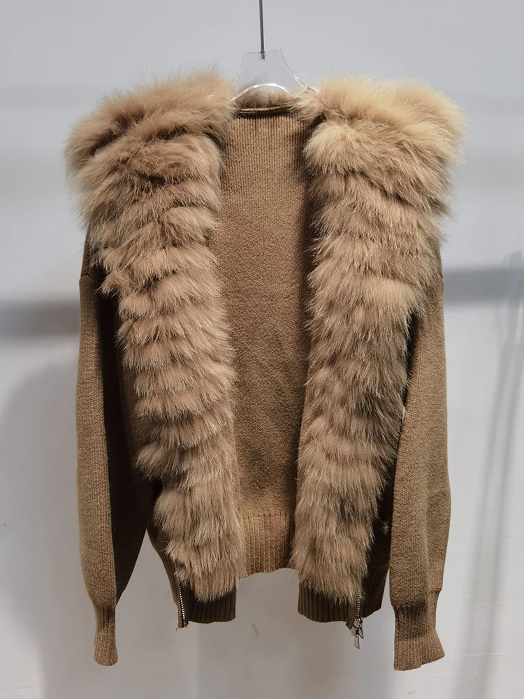 

2024 New Real fur,Korean Chi Y2K Style Women's Big Genuine Fox Fur Collar Sweater Coat Female Autumn Winter Warm Knitted Outerwe