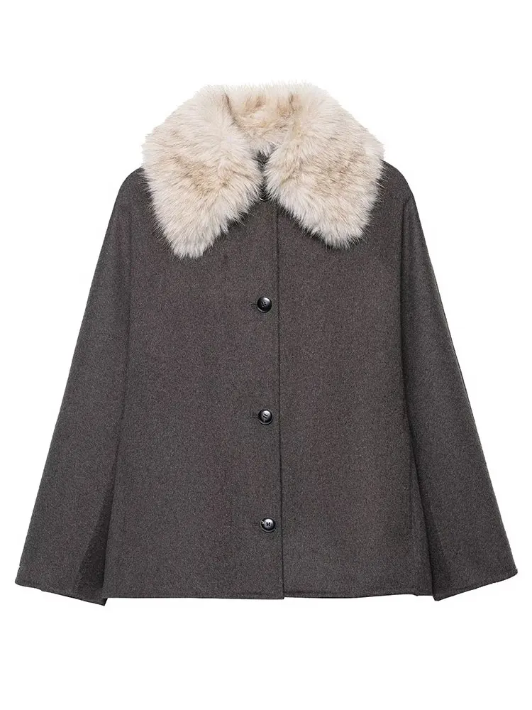 HH Women Fashion Faux Fur Lapel Woolen Coat Elegant Solid Long Sleeve Single Breasted Jackets Autumn Winter Lady Street Outwear