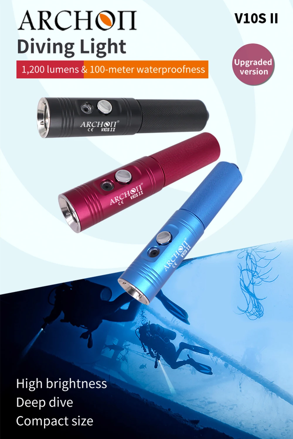 Description Picture 2 of itemV10S II 1200lm Scuba diving lights Diving lighting flashlight Underwater 100m night dive lighting freediving torch Super bright