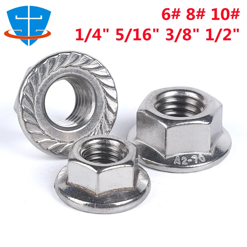 

DIN6923 1/4 5/16 3/8 1/2 6# 8# 10# UNC 304 Stainless Steel A2-70 Hexagon Flange Nuts Slip Serrated Spinlock Hex Metal Lock Nut