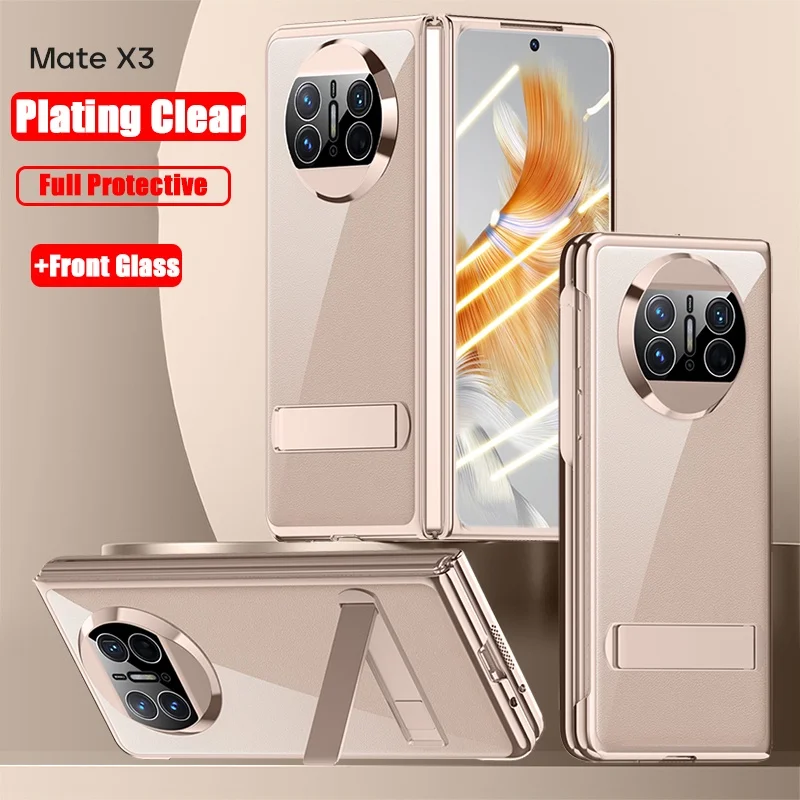 Electroplated Transparent Case for Huawei Mate X3 Ultra Thin Hybrid Hard Plastic Cover with Kickstand and Tempered Glass