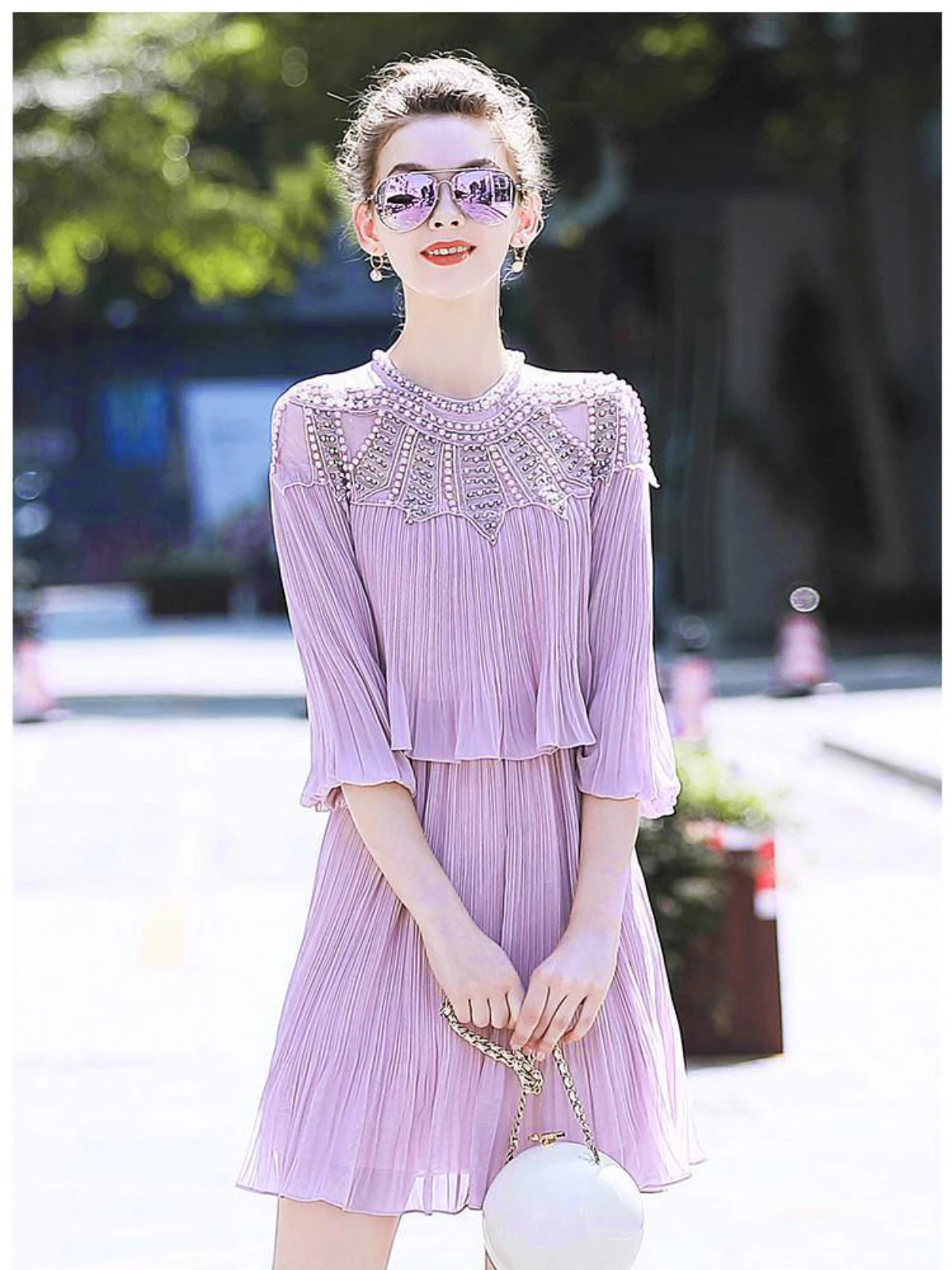 

Light Luxury Socialite Purple Short Dress High End Grace French Women's Clothing Summer Bead Fashion Folds Vestidos Mujer Dress