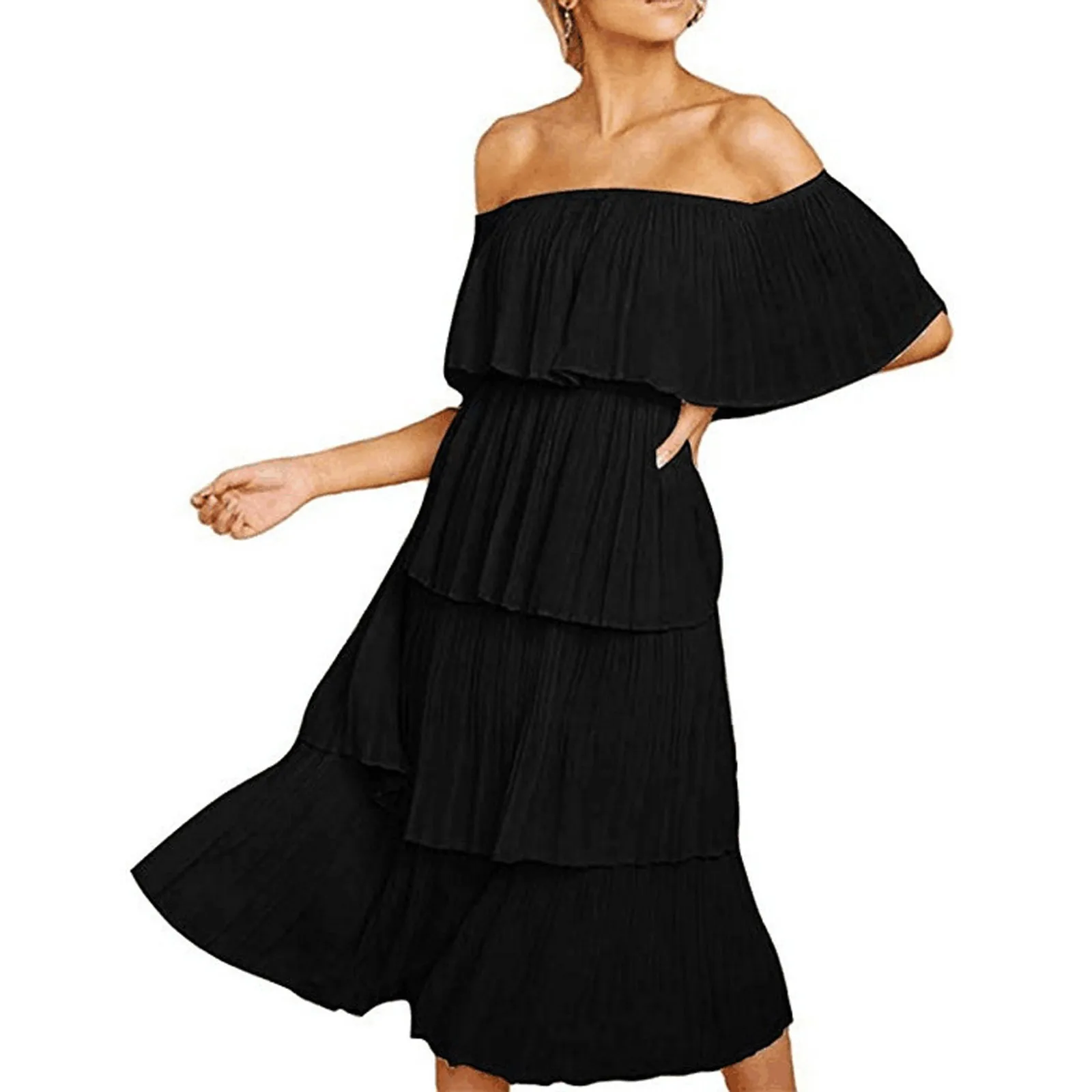 

Layered Pleated Dress For Women Summer Ruched Off Shoulder Layered Midi Party Dresses Lady Elegant Casual Ruffles Streetwear