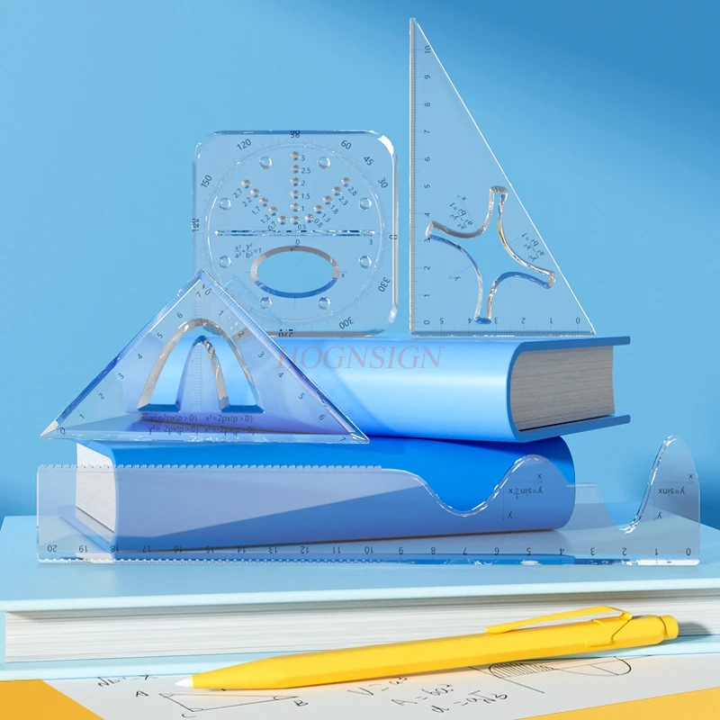 4개 세트 다기능 자 세트, 각도기, 삼각자, 물결선 기하학 자, 4종 세트, 눈금자