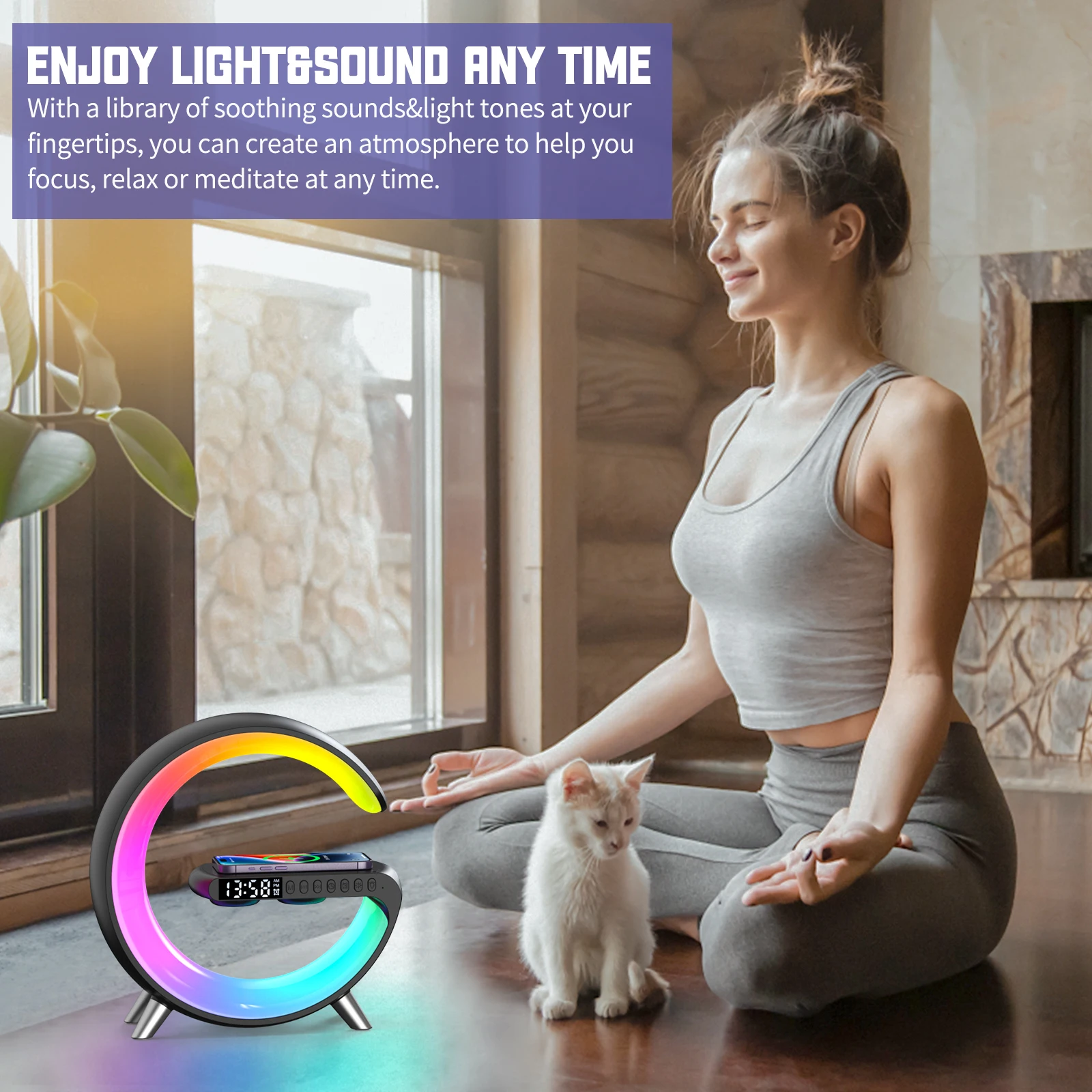 

Умный Bluetooth-динамик для создания атмосферы, Беспроводная зарядка, большая лампа для пробуждения, музыкальный ритм, будильник, управление через приложение