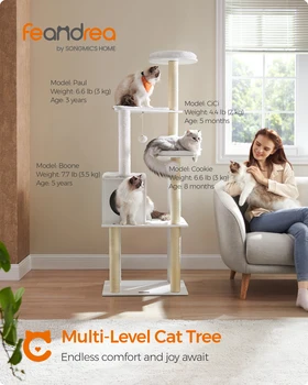 WoodyWonders Cat Tree, 165 cm Modern Cat Tower, Cat Condo with 5 Scratching Posts, Washable Removable Cushions, Perch, Cat Cave