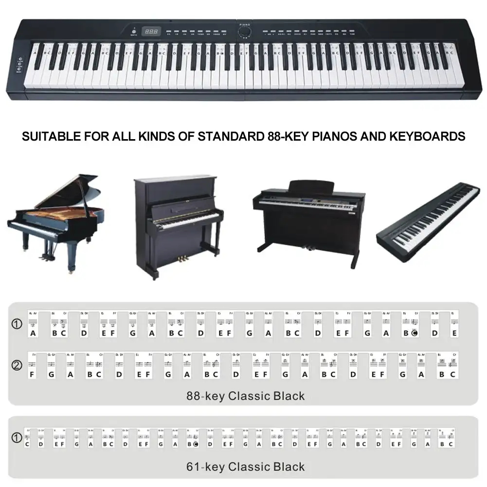 88/61 키용 피아노 트레이닝 스티커 투명 PVC 피아노 키 데칼 탈착식 키보드 노트 스티커 음악 용품