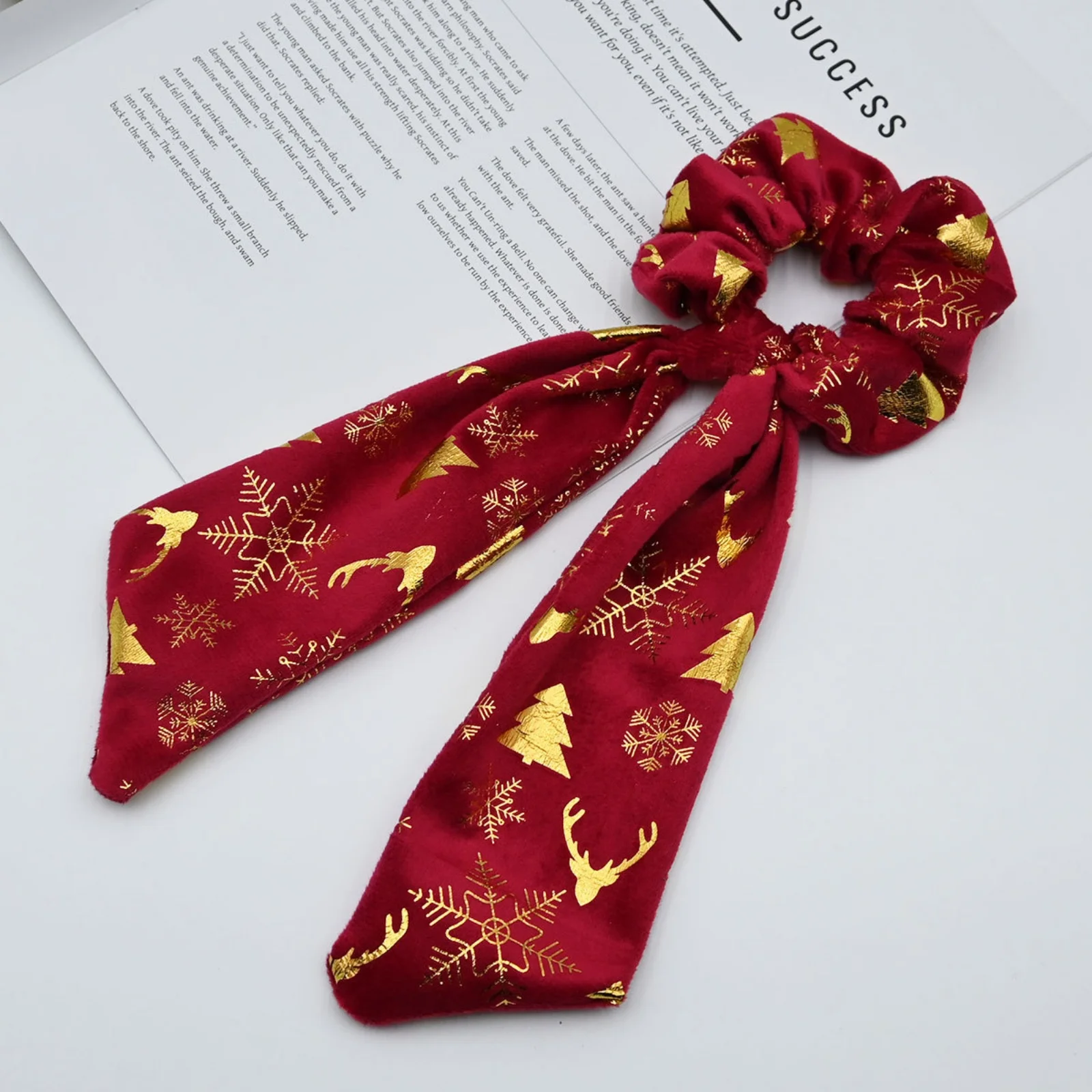 1PC Christmas Print Scrunchie,Red Green Hair Ties, Gold Snowflake Tree Deer Scarf Scrunchies, Festive Holiday Hair Accessories
