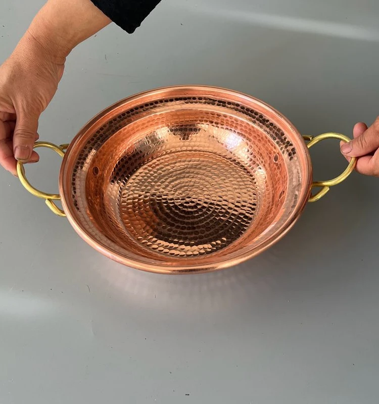 

Суповая кастрюля из чистой меди с двойной ручкой, тарелка для фруктов ручной работы без крышки, многофункциональный контейнер, многофункциональный