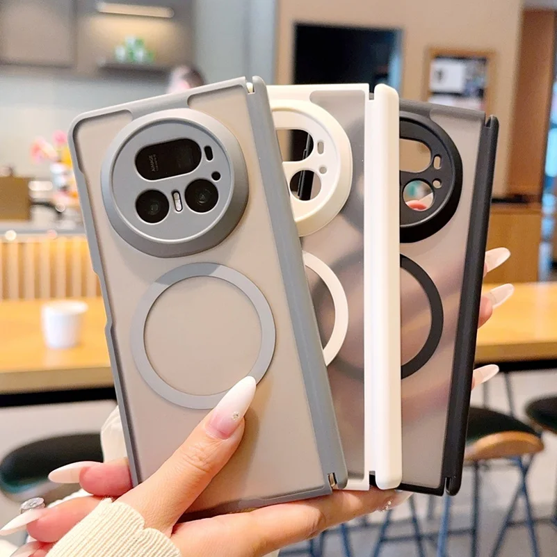 Frosted Matte Semi-Transparent Magnetic Phone Case with Center Axis Hinge and Camera Protection