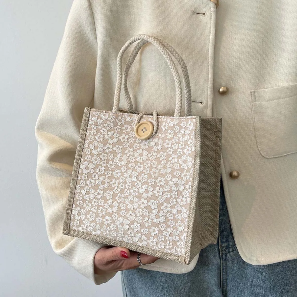 Carry-on linen bag female fashion work out hand bento bag Japanese ins small satchel fashion canvas flower lunch