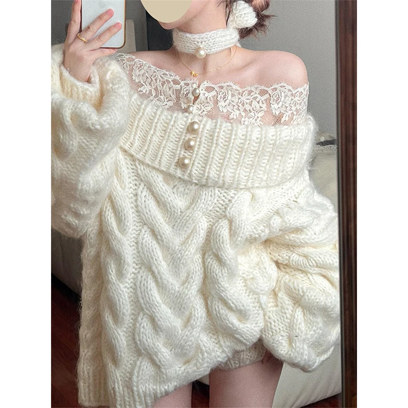 Women's Patchwork Lace Sleeves Sexy Jumper Knitwear main image 0