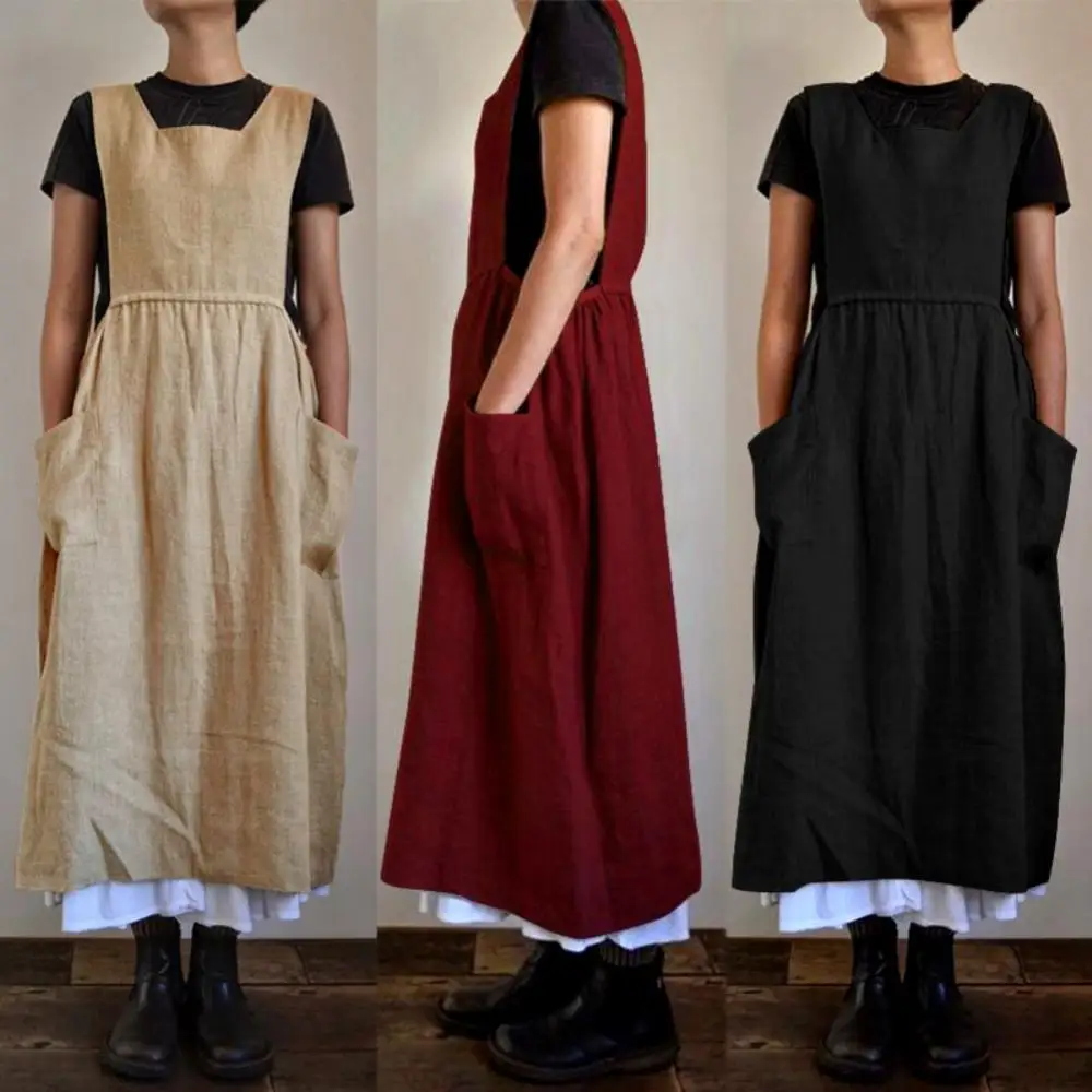 Plus Size 2020 Dress Women Solid Color Sleeveless Square Neck Pockets Cotton Linen Apron Long Dress