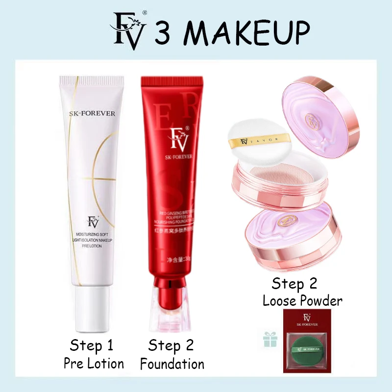 

FV Original Loose Powder FV Foundation FV Primer Lotion 3 Step Genuine FV Makeup Cosmetics For Gift Set Natural Ivory Concealer