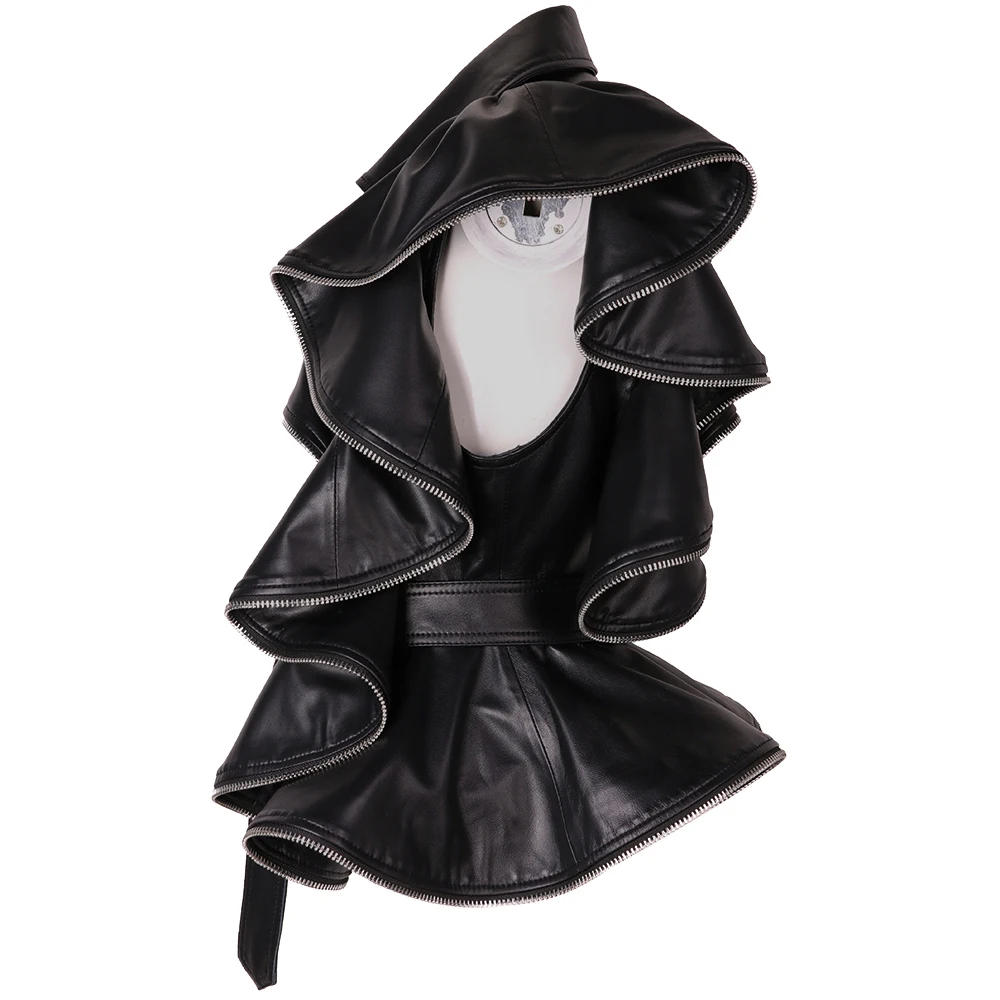 YOLOAgain Ruffles Pleated Black Leather Vest Gilet Women