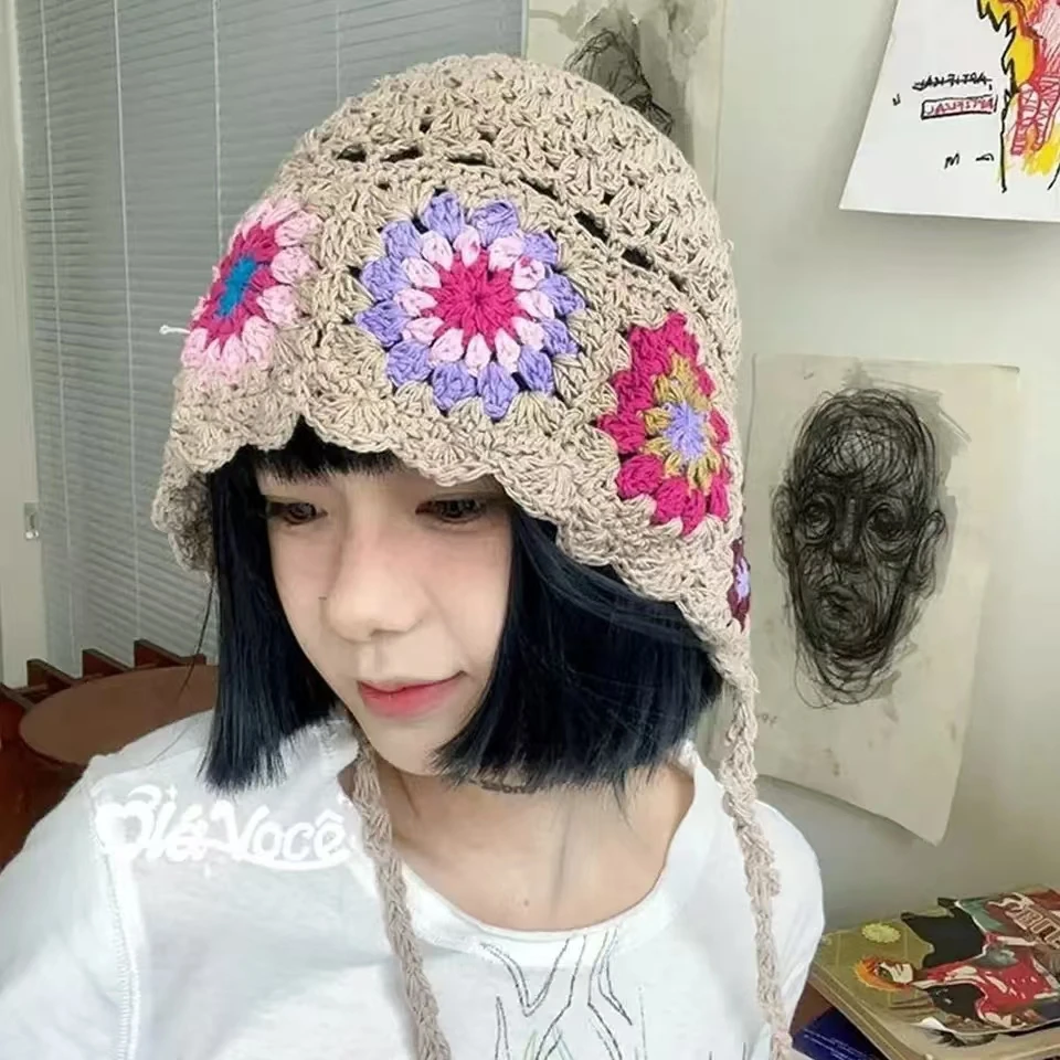 Breathable Hollowed Out Knitted Hat Casual Summer Skullies Hat Fashion Flowers Beret Cap for Women 4