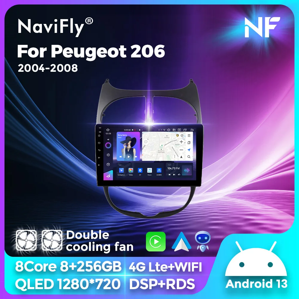 

9-дюймовый QLED 1280*720P Android 13 автомобильный радиоприемник для Peugeot 206 2004 2005-2006 GPS двойные Охлаждающие вентиляторы Carplay 2Din все в одном