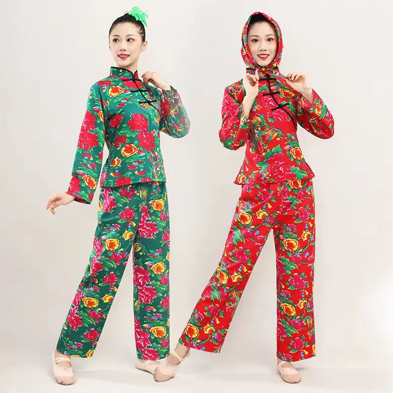China Northeast Printed Village Girl Errenzhuan Performance Dress Funny Square Dance Yangge Costume Ethnic Top Pants Suit