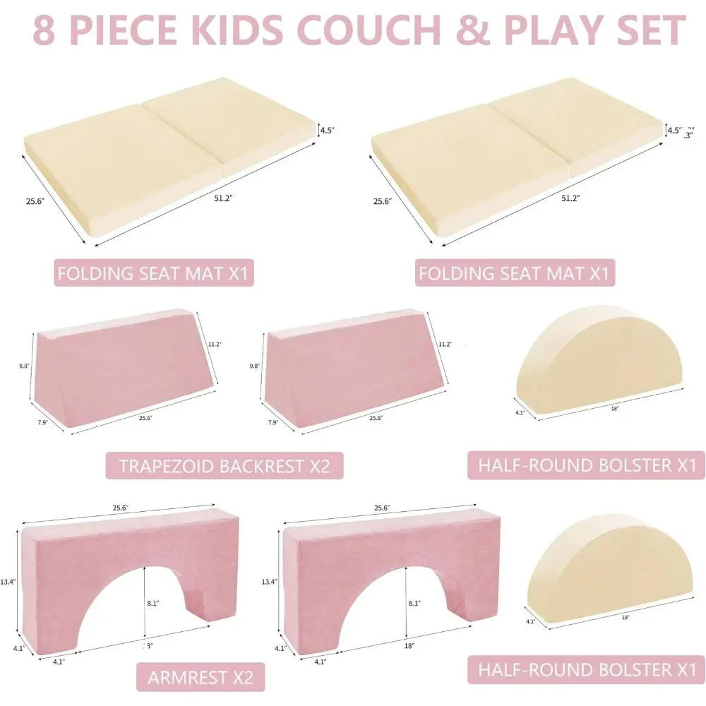 8PCS Modular Kids Play Couch,Kid's Foam Couches for Playroom,Toddler to Teen Sectional Sofa Play Set,Childrens Nugget Couch 3