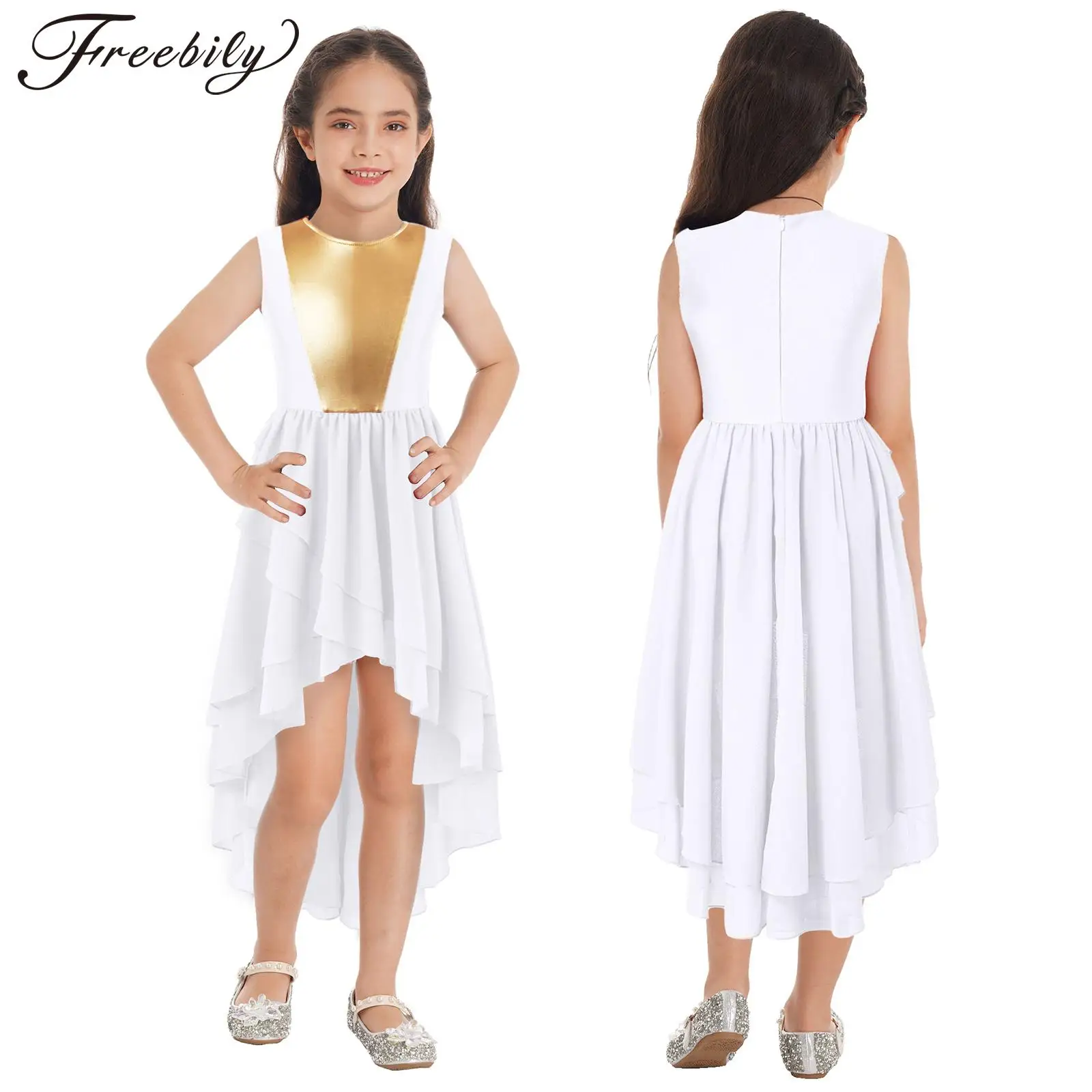 

Kids Girls Church Choir Praise Worship Costume Ballroom Lyrical Dance Dress Sleeveless High-Low Hem Leotard Dresses Dancewear