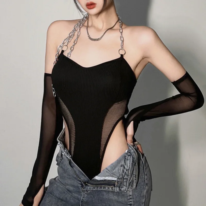 Women y2k Fashion Bodysuits Clothes Set Chains Halter Mesh Patchwork