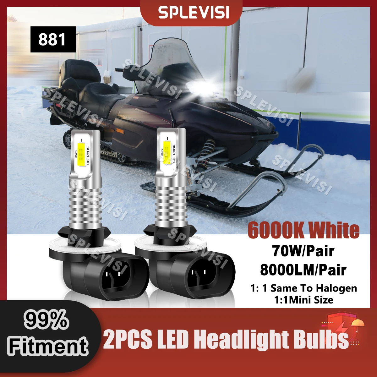 70W 8000LM 881 LED Headlight Bulbs 9V-24V For Arctic Cat Mountain Cat 570 2002 2003 2004 Mountain Cat 600 Limited EFI 2001 2002