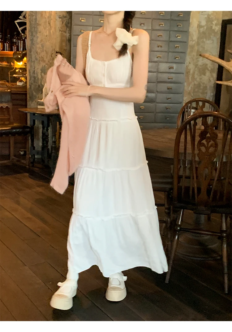 French Elegant Dresses for Women Solid Spaghetti Strap Summer New Ruffles A-line Casual Korean Chic Midi Vestidos Mujer