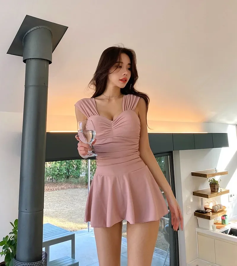 

Цельный купальник в Корейском стиле, новые женские купальники, сексуальный Монокини, летний однотонный купальный костюм, купальные костюмы, Купальная юбка