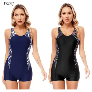 여성용 원피스 프린트 수영복, 민소매 보이 레그 패딩, 운동 래쉬 가드 비치웨어, 훈련 서핑 수영복