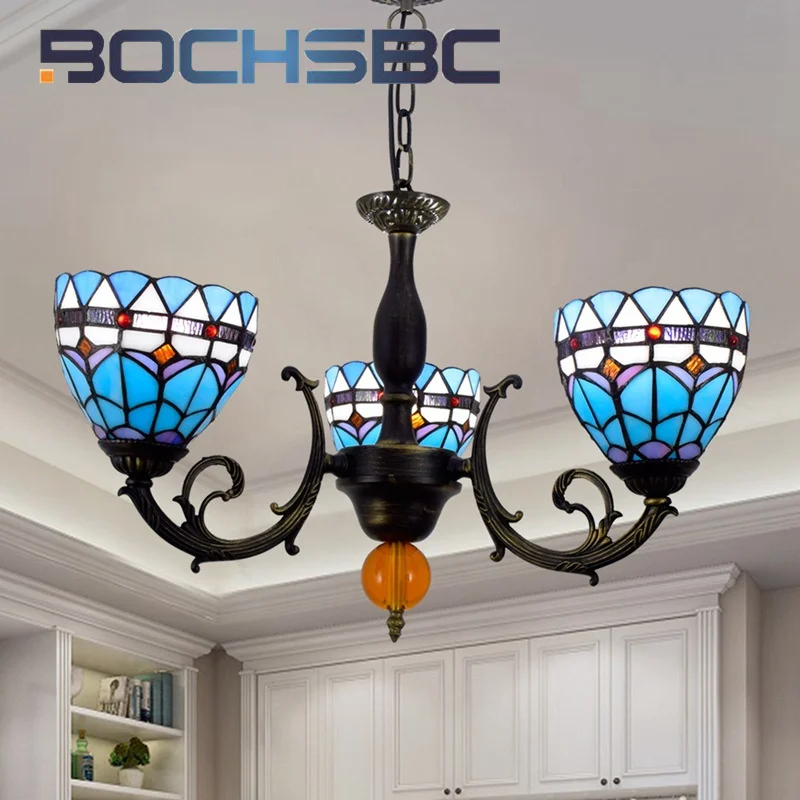 

BOCHSBC Tiffany style stained glass Vintage Mediterranean 3 Pendant lamp Bar Living Room Dining Room Bedroom hallway LED decor