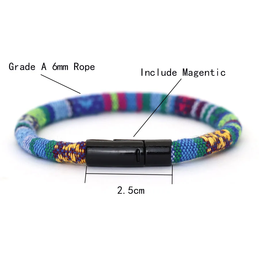 Men Bohemian Rope Bracelet Double Buckle 6mm Fabric Surfing Casual