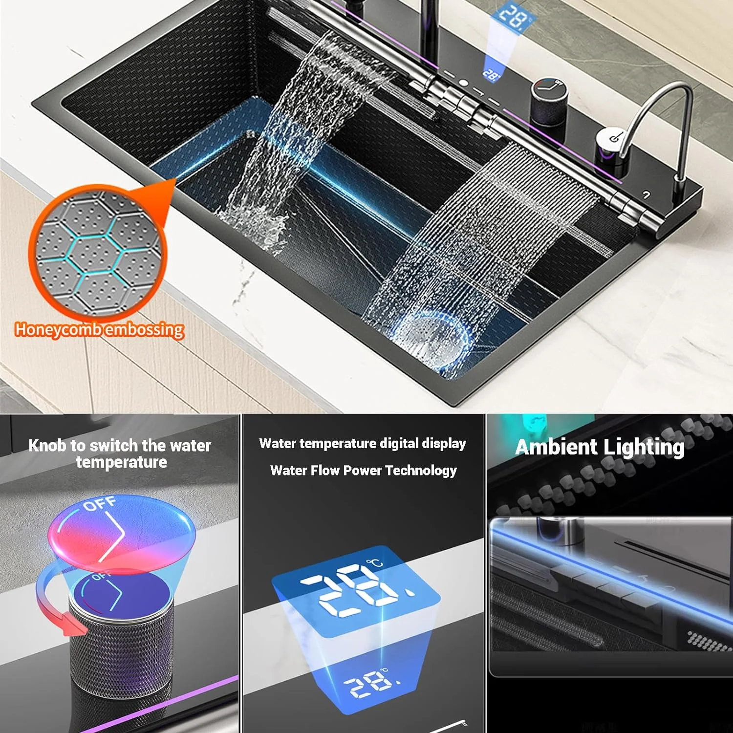 Kitchen Sink Digital Display Embossed Large Single Groove honeycomb Black Nano Raindance Waterfall Sink with Pressurized Cup