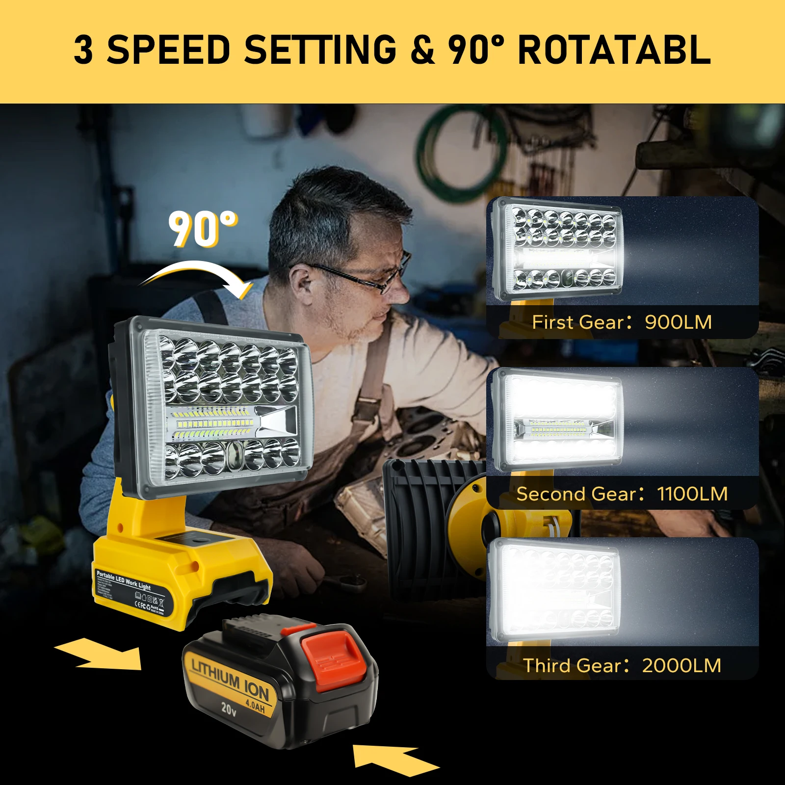 Lampe De Travail LED YEX-BUR 2000 Lm – Compatible Batterie Lithium Dewalt – Neuve