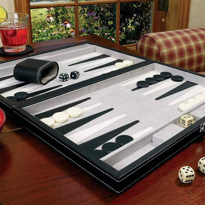 Backgammon Board Game Set Stitched Black Leatherette Case Folding Business Entertainment Family Party Gift