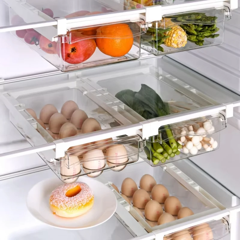New Refrigerator Drawer Style Food Storage Box, Fruit Packaging Machine, Shelf Support, Sliding Plastic Cooking Container