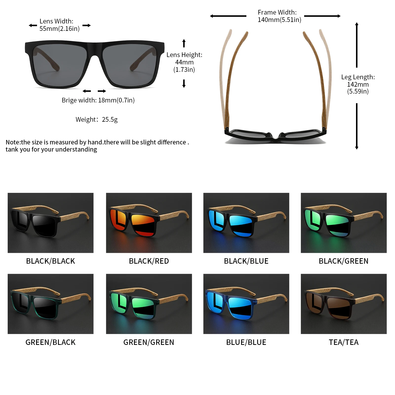 Square frame sunglasses with wood grain spring hinge detail.