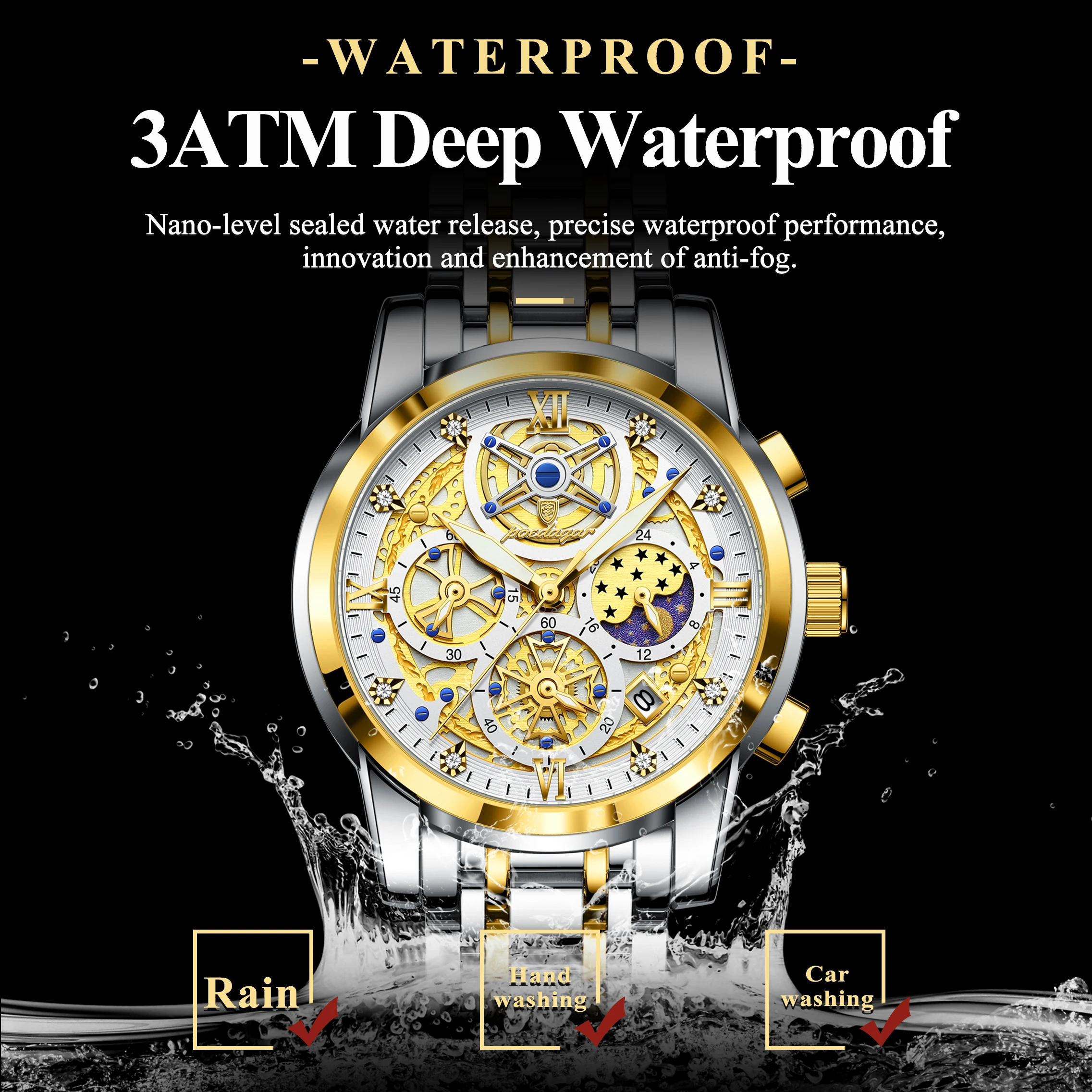Hochwertige Herrenuhr aus Edelstahl, Datumsanzeige, Chronograph, Quarzwerk, wasserdicht, Leuchtzeiger_voghion.com