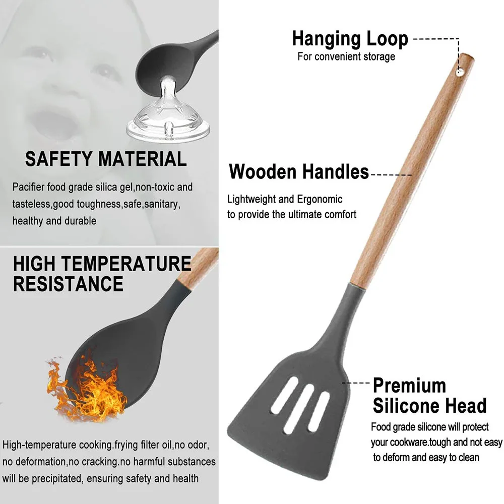 Silicone Cooking Utensil Set Wooden Handle Spatula Soup Spoon Brush Ladle Pasta Colander Non-stick Silic Cookware Kitchen Tools