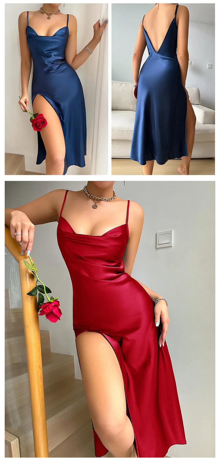 Solid Satin Nightdress Nightgown High Slit Slip Women's Sleepwear Night dress Backless Suspender Sexy Long Nightwear