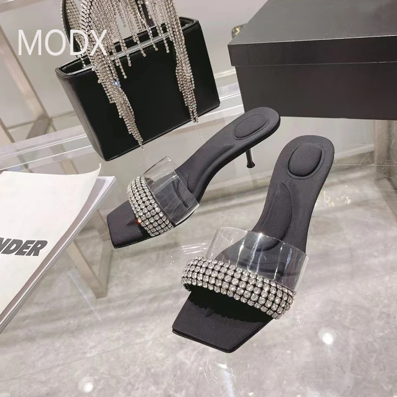 

Summer New Transparent Rhinestone Square Head Open Toe Thin High Heel Slippers Black Real Suede Luxury Elegant Dress Sandal 2023