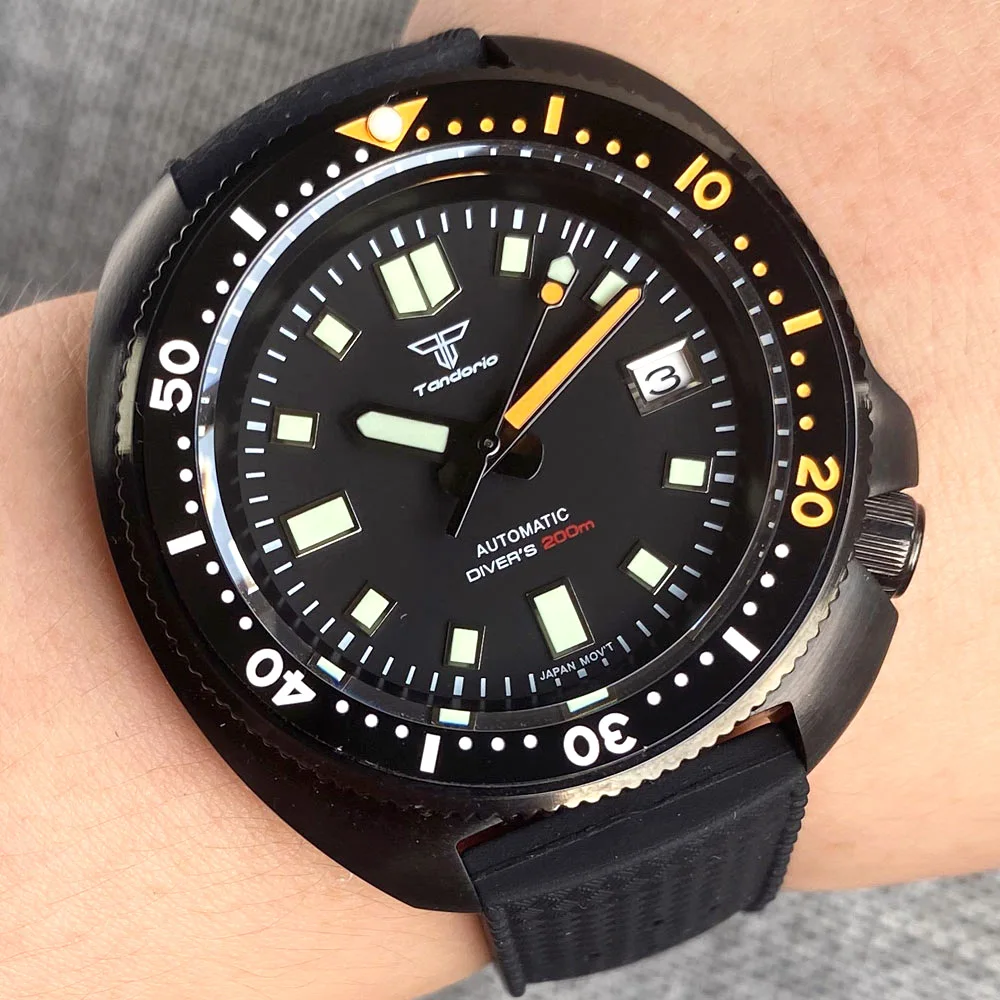 20ATM Tandorio 44mm Black PVD NH35A Movement Auto Mechanical Luxury Mens Watch Sapphire Glass Lume Date C3 Hands Rubber Strap