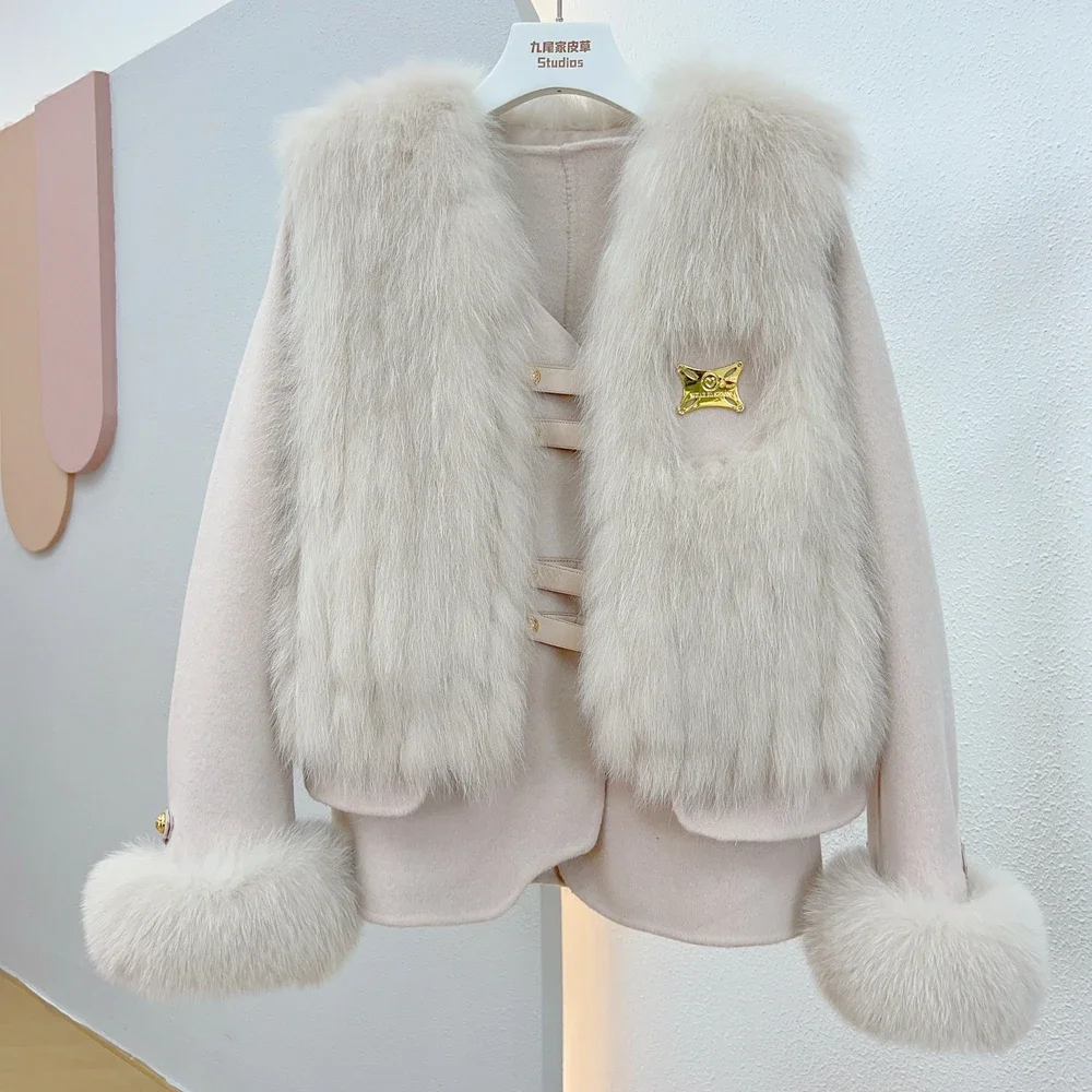 

2023 Autumn Winter Women's Real Fox Fur Vest 100% Wool Cashmere Warm Jacket Detachable Luxury Thick Two Piece Fur Feamle Coat