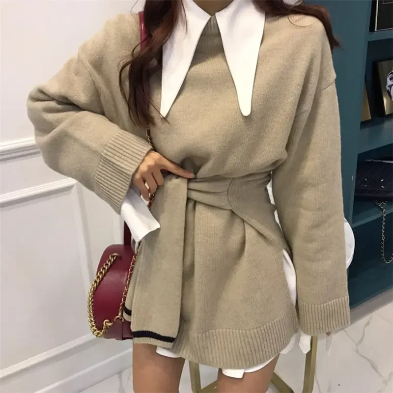 

Autumn Casual Knitted All-Match Basic Loose Lace Up Office Ladies Patchwork High Quality Full-Sleeved Pullovers Sweaters Grey