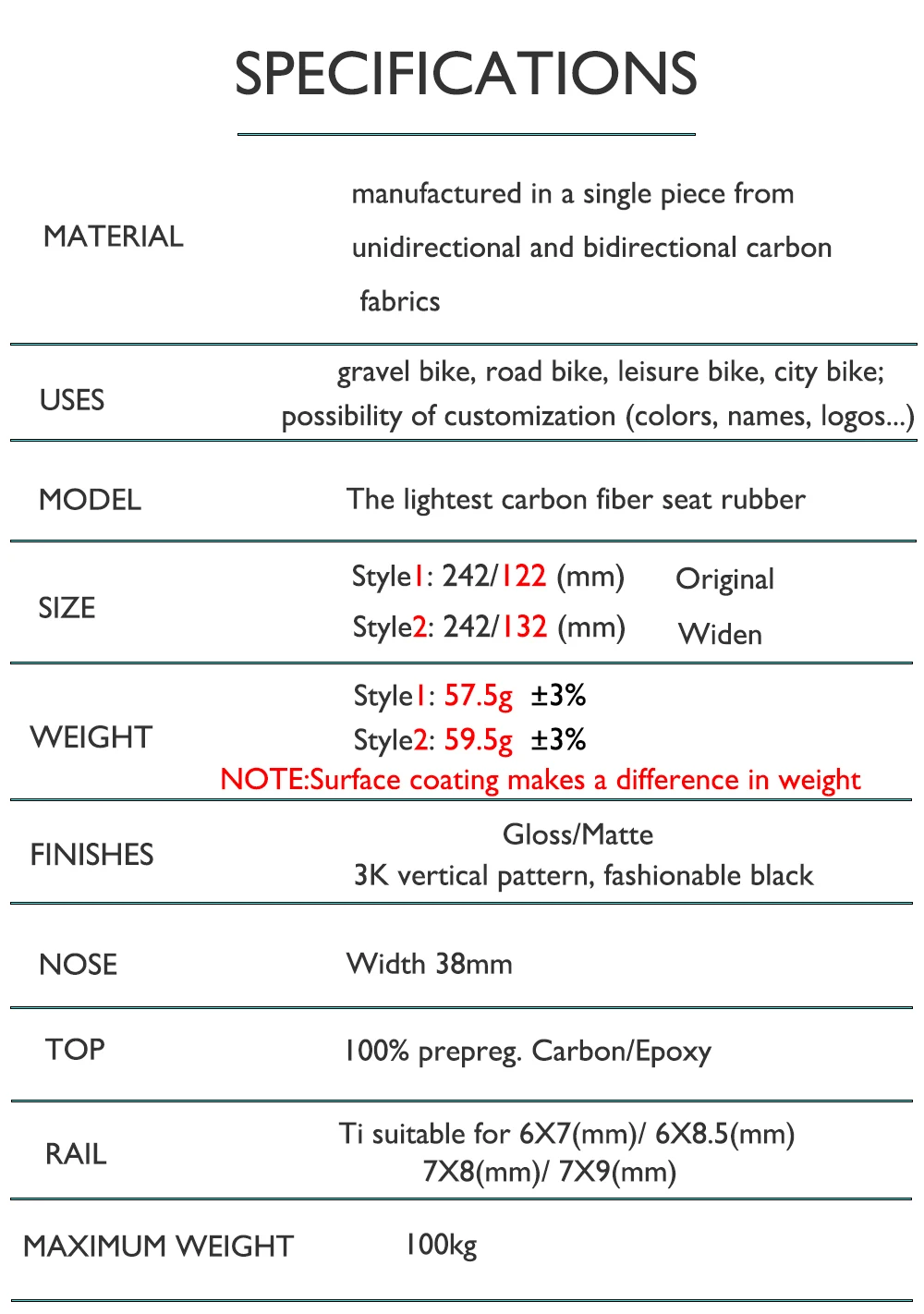 Unisex-Fahrradsattel aus Kohlefaser, Mountainbike-/Rennradsitz, Carbon-Schiene, K.3+, 242 x 122/132 mm, 3K, glänzend/matt/kein Logo und Logo – Detail 3
