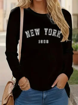 Casual Crew Neck T-Shirt New York Letter Print 90s Long Sleeve Crew Neck T Shirt for Women Y2k Top Tee 1