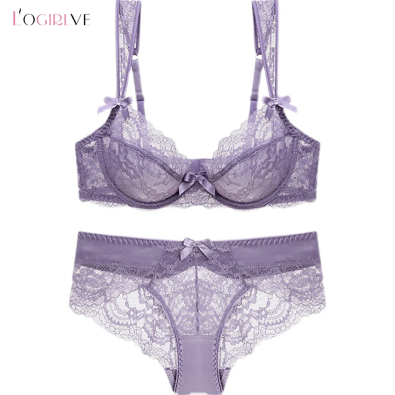 Logirlve Purple Lingerie Sexy Bra Set Plus Size C D Cup Red Lace Underwear Set Transparent Bras Embroidery Women Brassiere