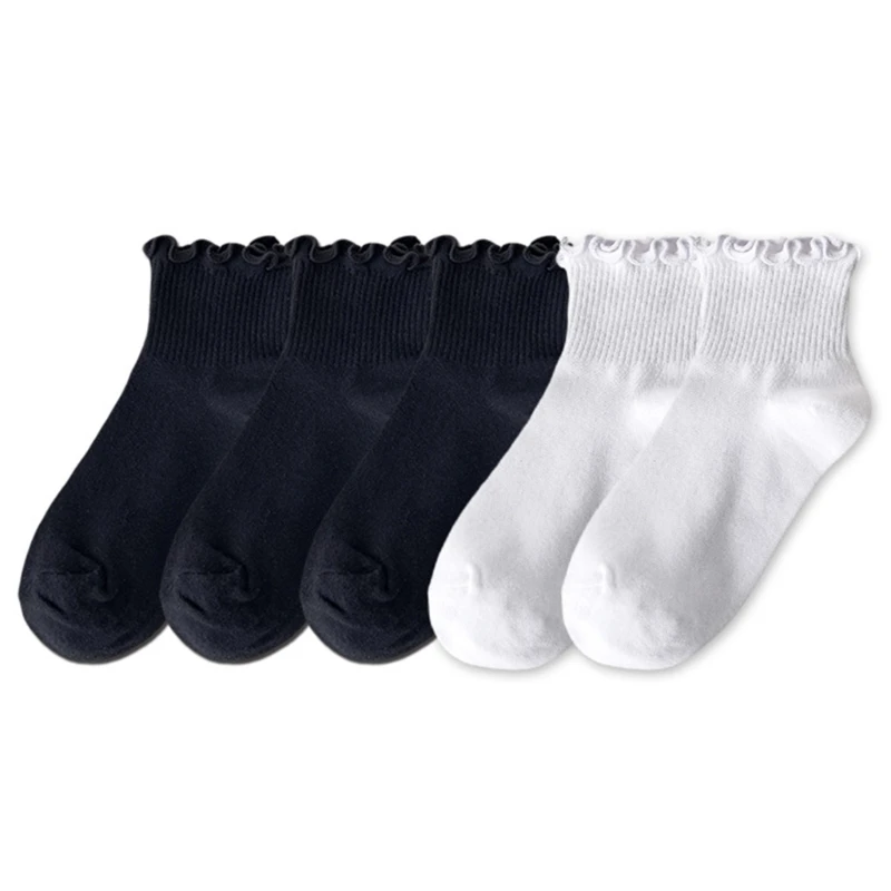 

5 Pairs Japanese Style Women Student Crew Socks Solid Color Casual Fashion Frilly Ruffle Trim Short Tube Ankle Socks