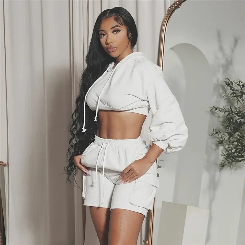 

Solid Color Tracksuit Women 2023 Autumn New Casual Long Sleeve Hooded Crop Top High Waist Slim Fit 3/4 Shorts Sports Streetwear