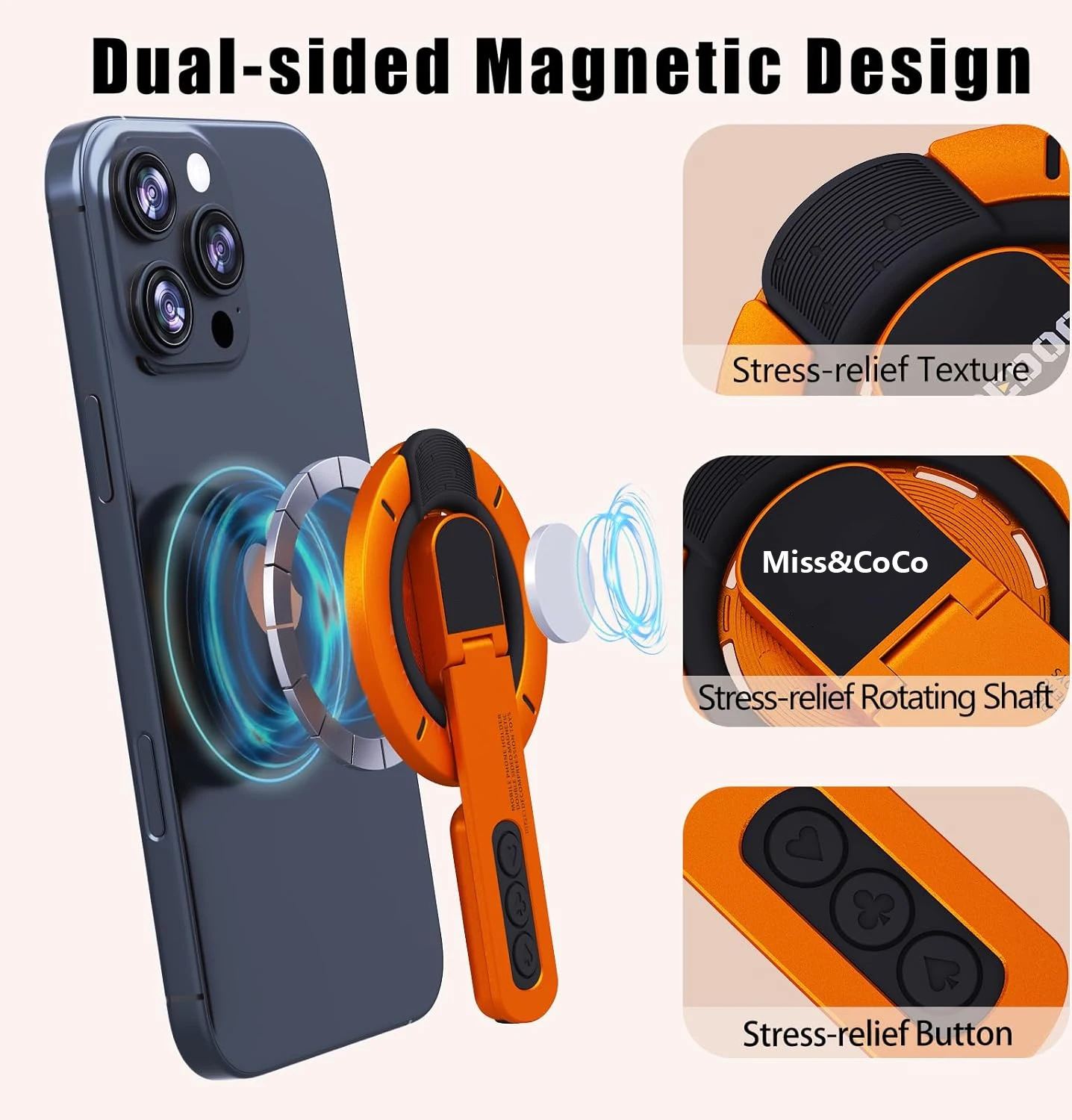 Magnetic 360° Rotating Phone Grip Stand with Pressure-Relief Button Design